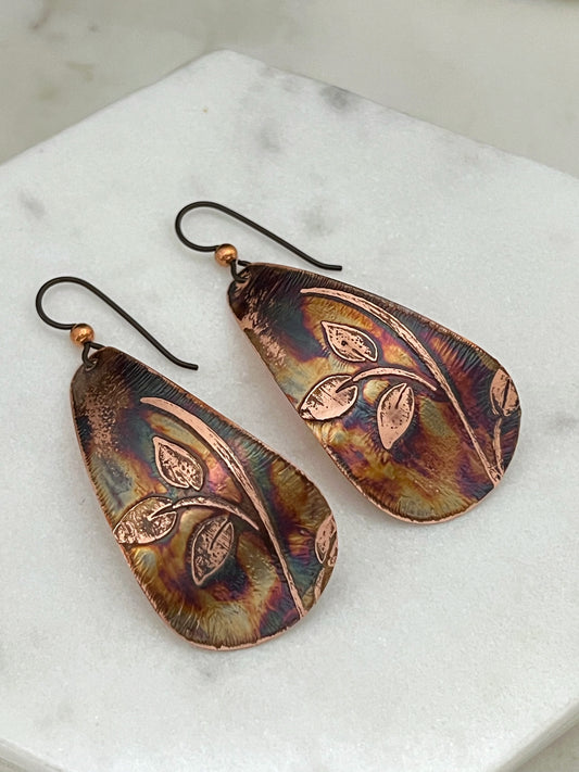 Large acid etched copper teardrop earrings