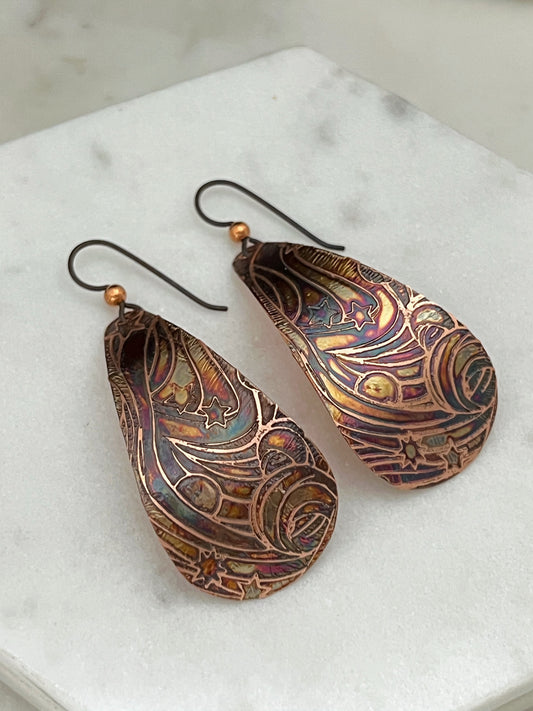 Large acid etched copper teardrop earrings