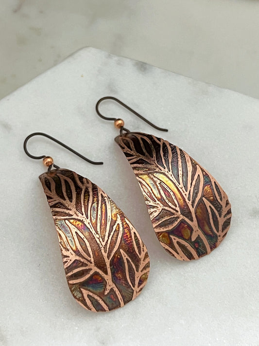 Large acid etched copper teardrop earrings