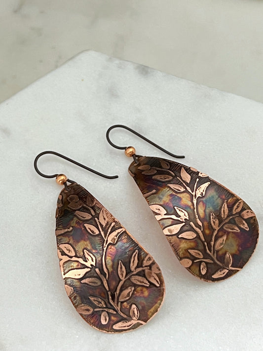 Large acid etched copper teardrop earrings