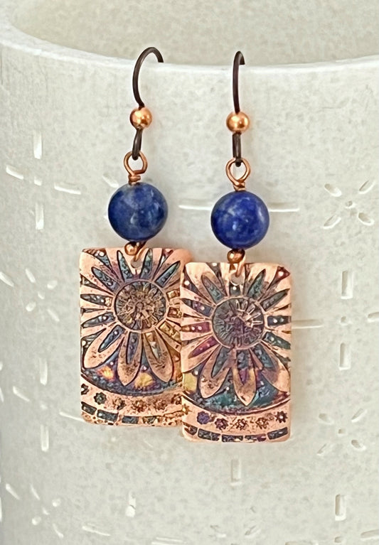 Acid etched copper earrings with lapis gemstones