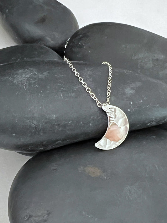 Forged sterling silver moon necklace with moonstone