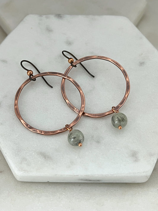 Copper hoop earrings with prehnite gemstone