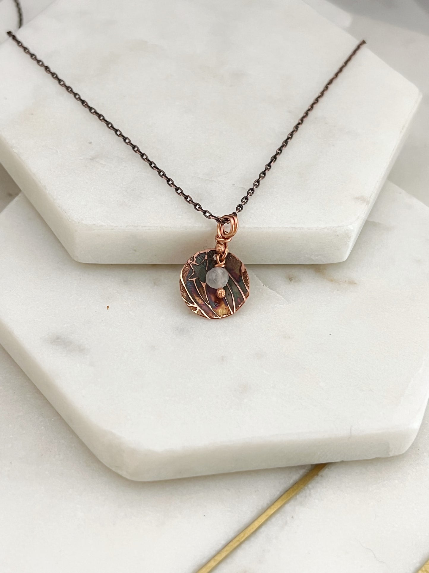 Acid etched copper necklace with moonstone gemstone