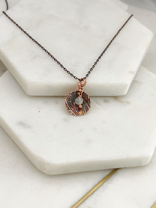 Acid etched copper necklace with moonstone gemstone