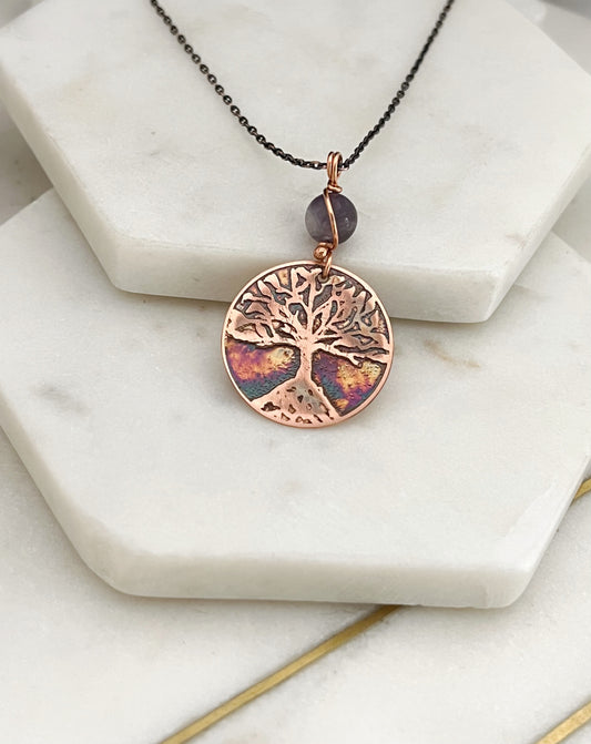 Acid etched copper tree necklace with amethyst gemstone