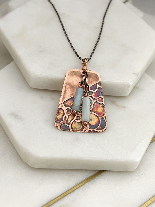Acid etched copper necklace with amazonite gemstone