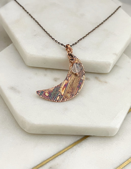 Acid etched copper crescent necklace with moonstone gemstone