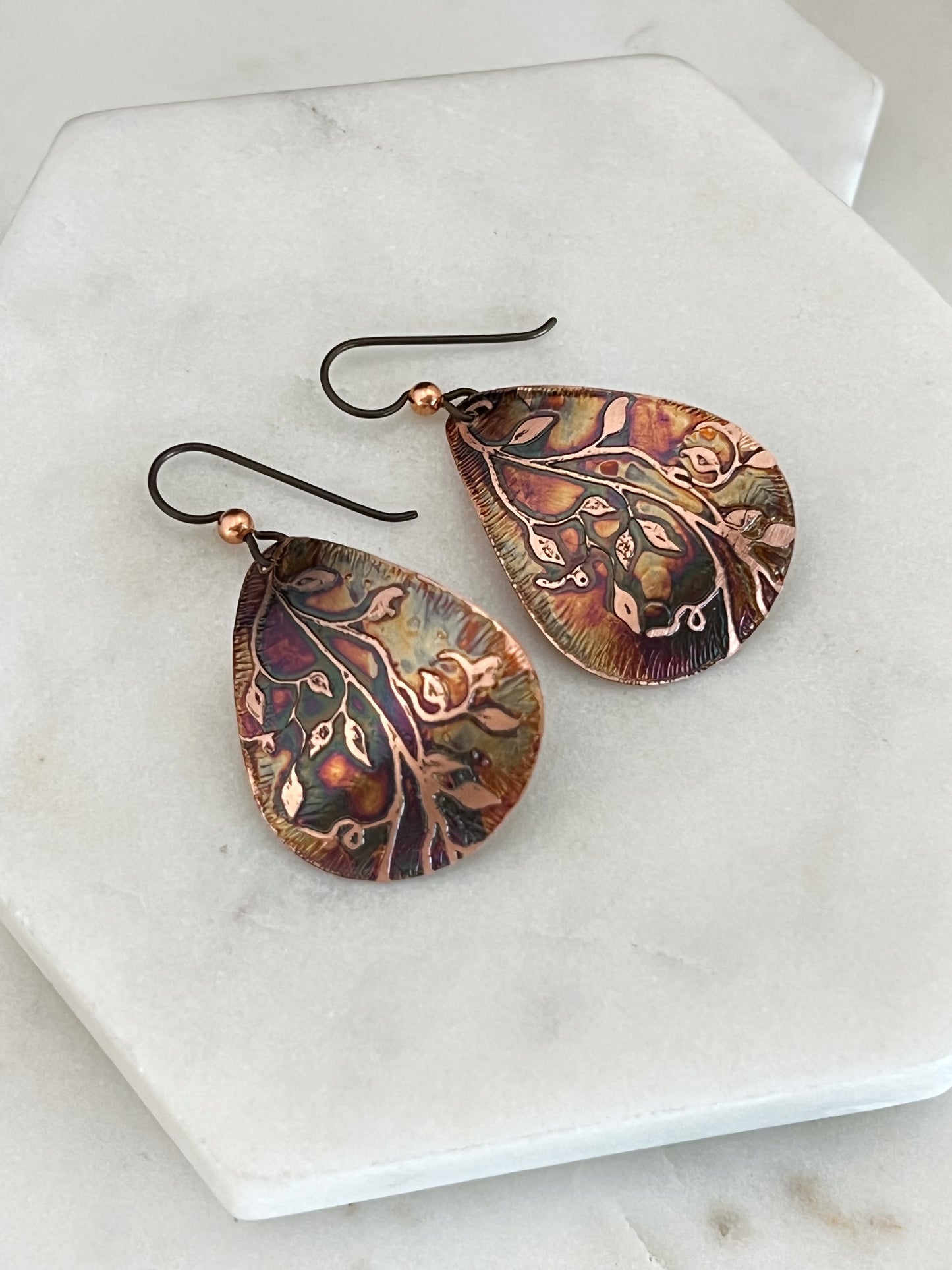 Acid etched copper medium teardrop earrings