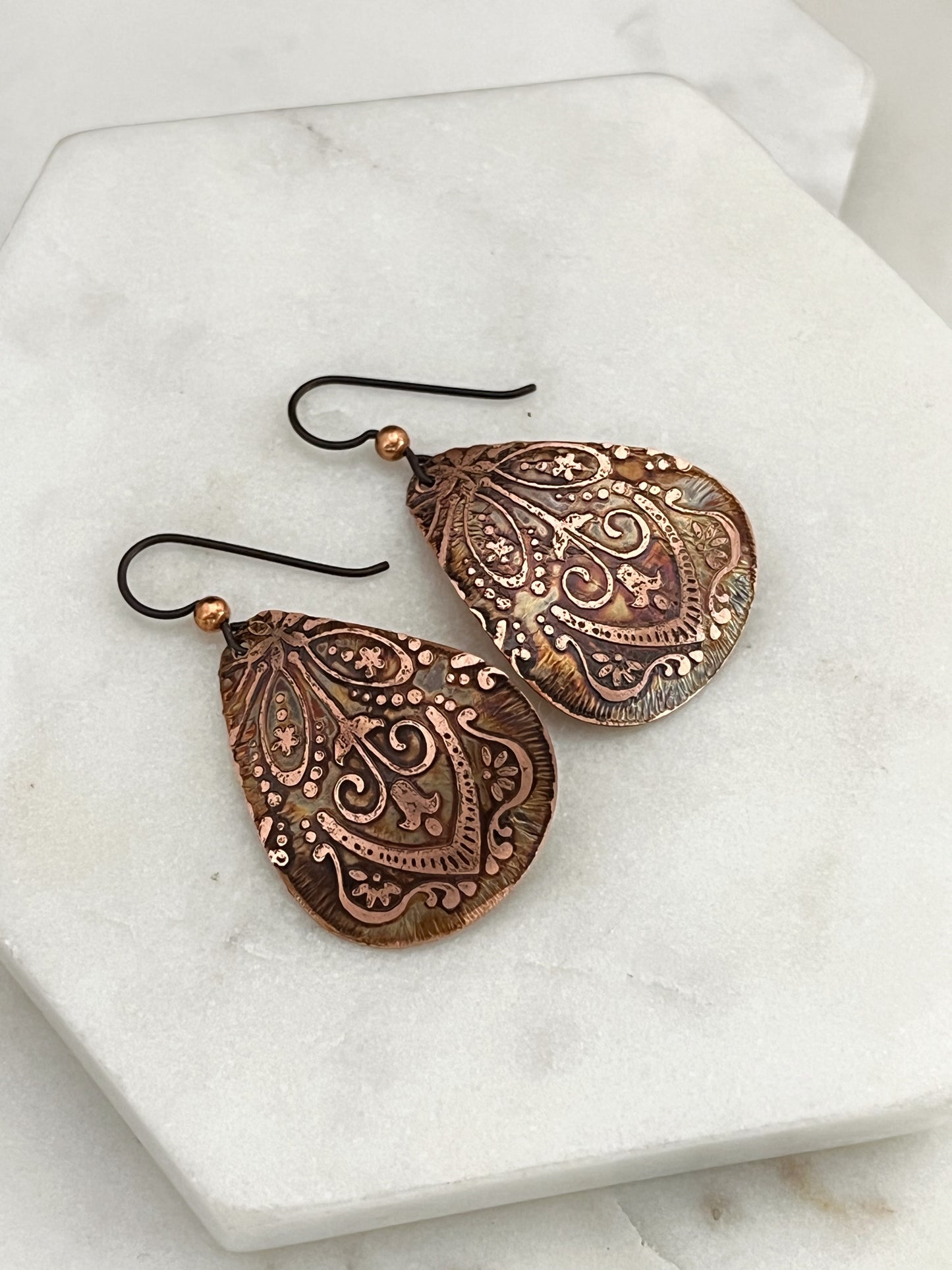 Acid etched copper medium teardrop earrings