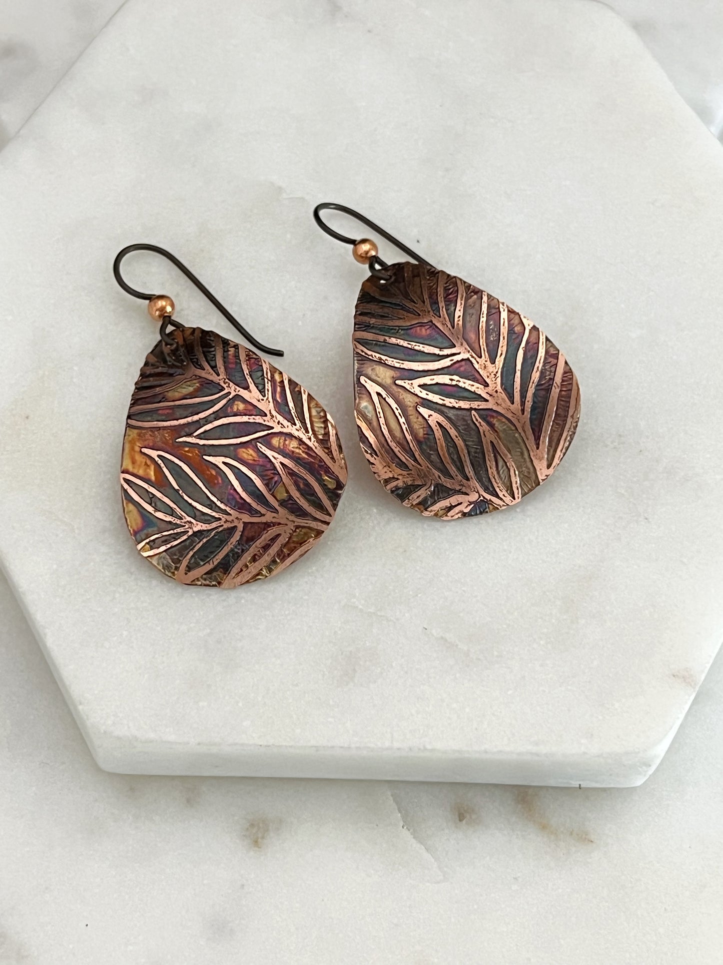 Acid etched copper medium teardrop earrings