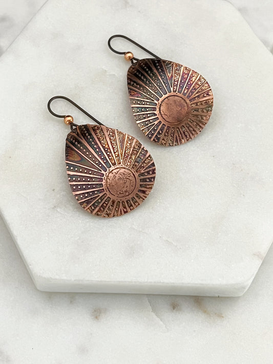 Acid etched copper medium teardrop earrings