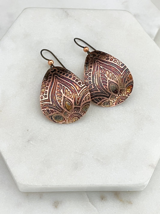 Acid etched copper medium teardrop earrings
