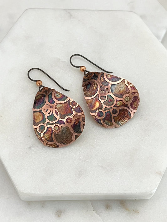 Acid etched copper medium teardrop earrings