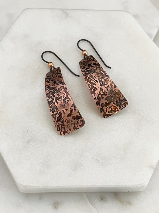 Acid etched copper irregular rectangle earrings