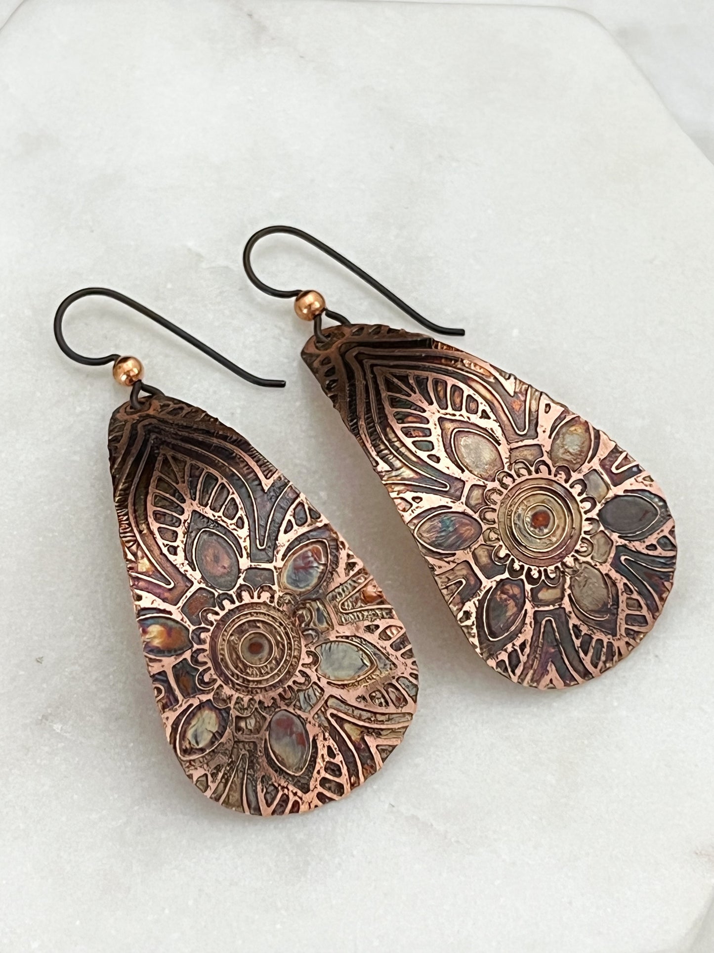 Large acid etched copper teardrop earrings