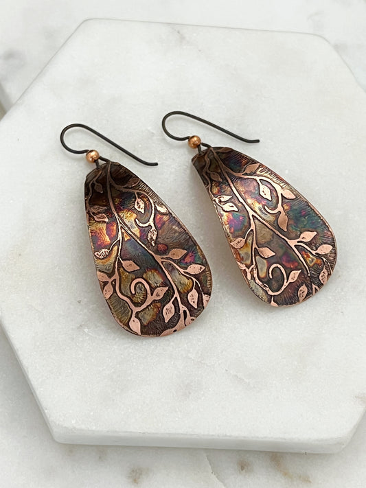 Large acid etched copper teardrop earrings