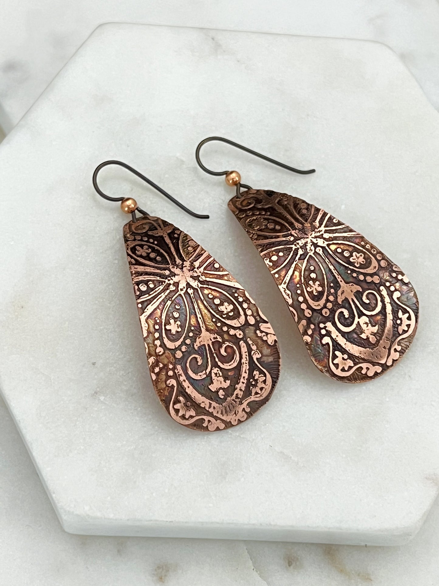 Large acid etched copper teardrop earrings