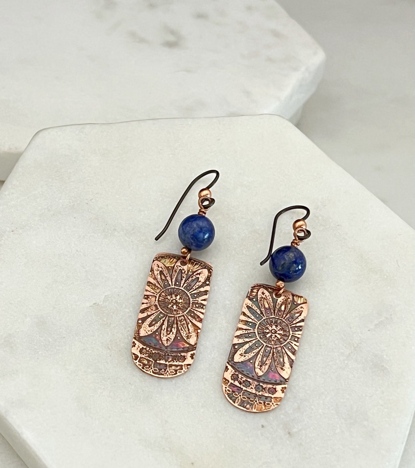 Acid etched copper earrings with lapis gemstones