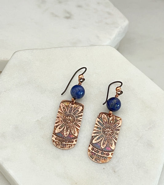 Acid etched copper earrings with lapis gemstones