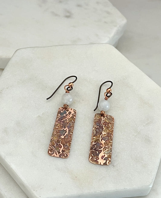 Acid etched copper earrings with moonstone gemstones