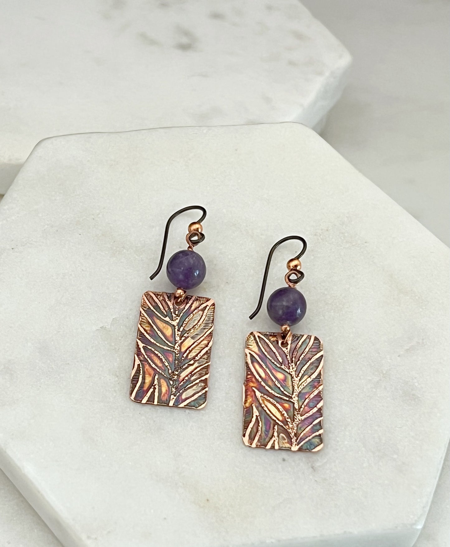 Acid etched copper earrings with amethyst gemstones