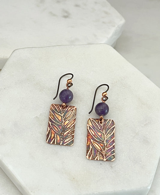 Acid etched copper earrings with amethyst gemstones