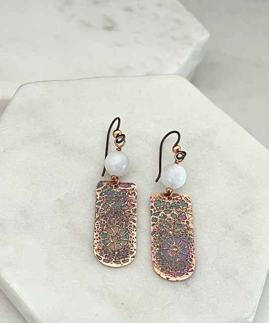 Acid etched copper earrings with moonstone gemstones