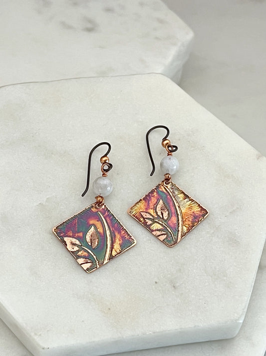Acid etched copper earrings with moonstone gemstones