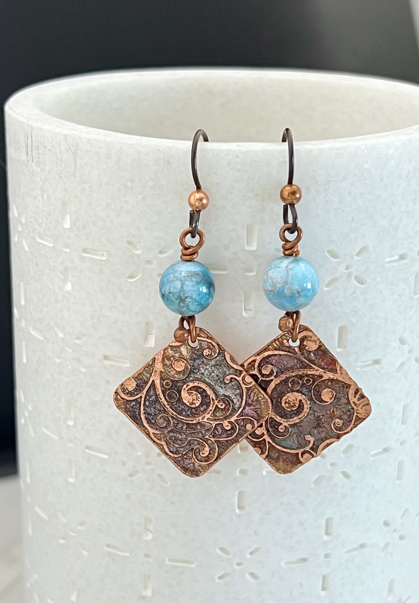 Acid etched copper earrings with apatite gemstones