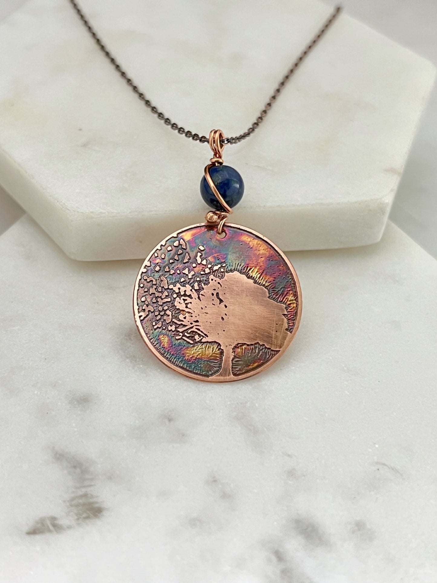 Acid etched copper tree necklace with chrysocolla gemstone