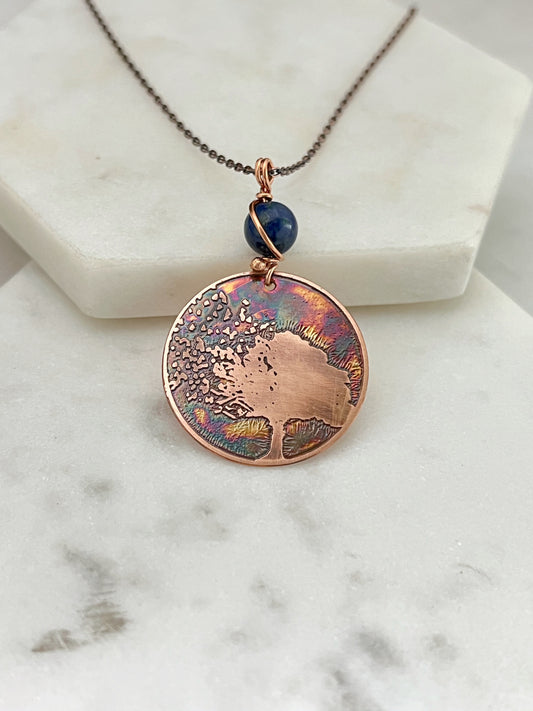 Acid etched copper tree necklace with chrysocolla gemstone