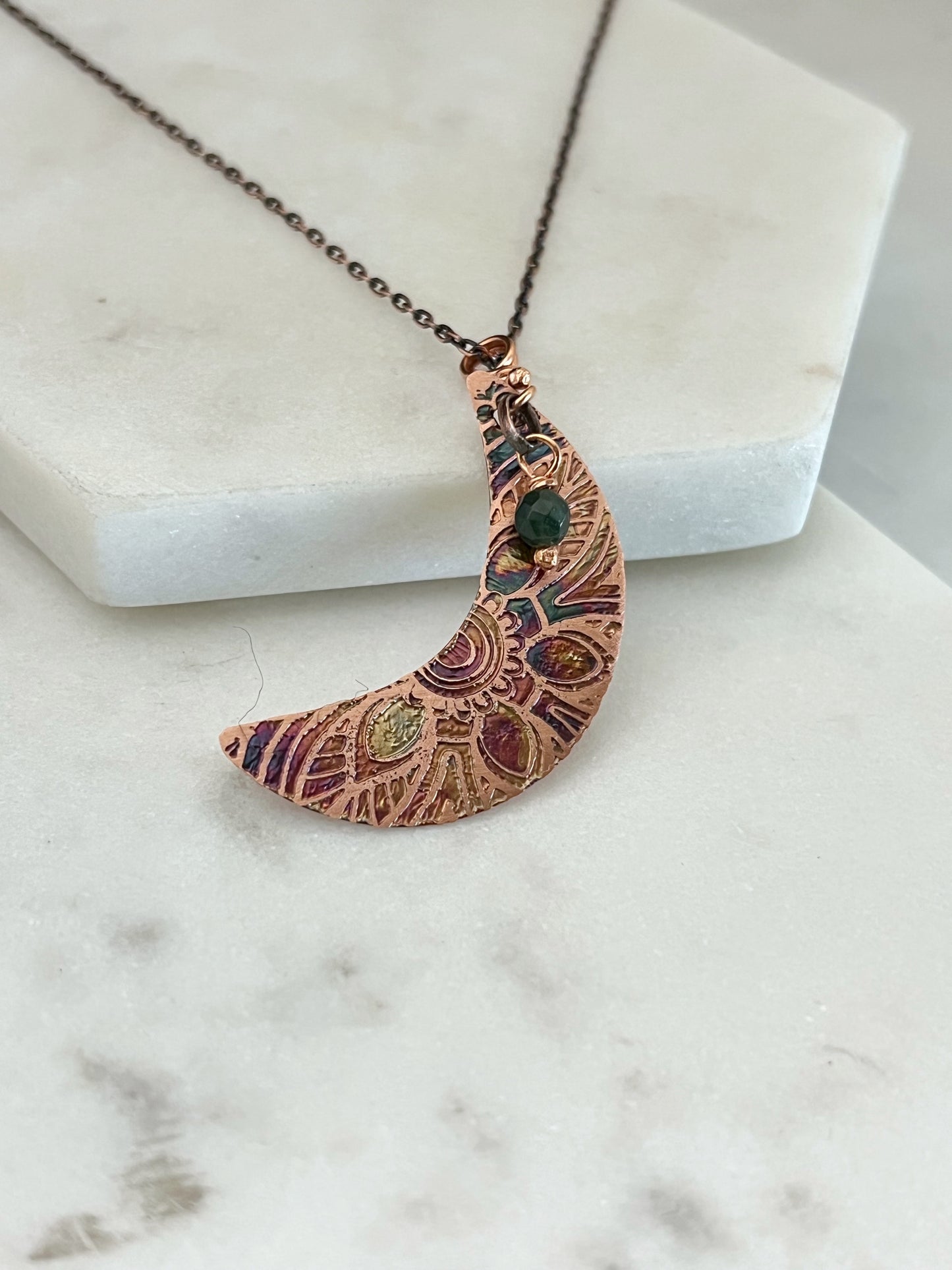 Acid etched copper crescent necklace with India agate gemstone