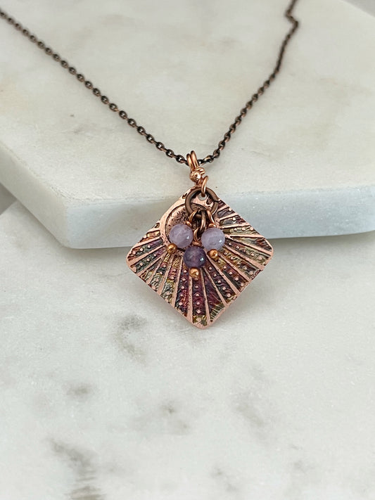 Acid etched copper necklace with amethyst gemstones