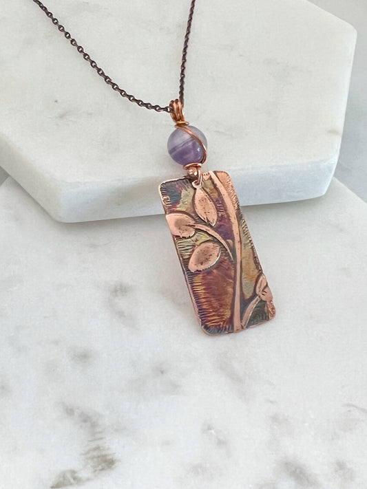 Acid etched copper leaf necklace with amethyst gemstone
