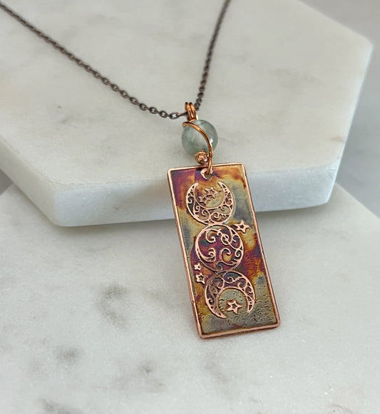 Acid etched copper and prehnite triple moon necklace