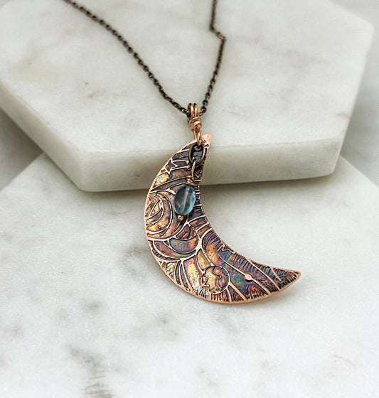 Acid etched copper crescent necklace with apatite gemstone