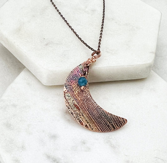 Acid etched copper crescent necklace with apatite gemstone