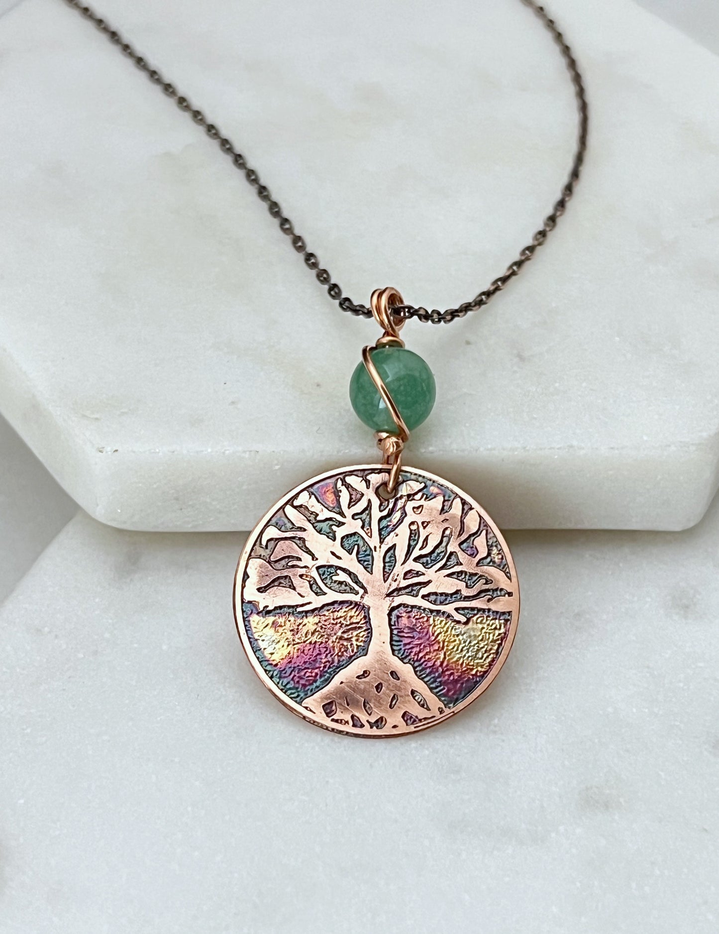 Acid etched copper tree necklace with aventurine gemstone
