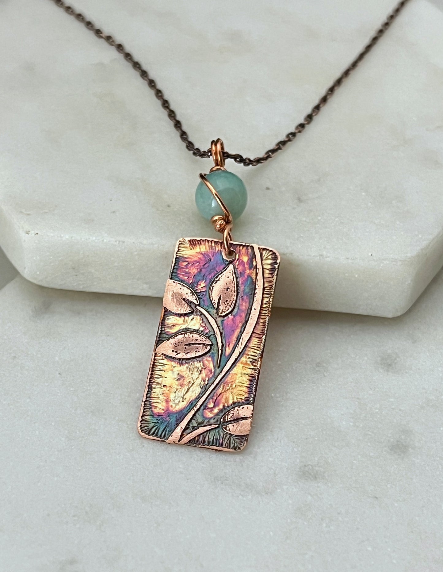 Acid etched copper leaf necklace with amazonite gemstone