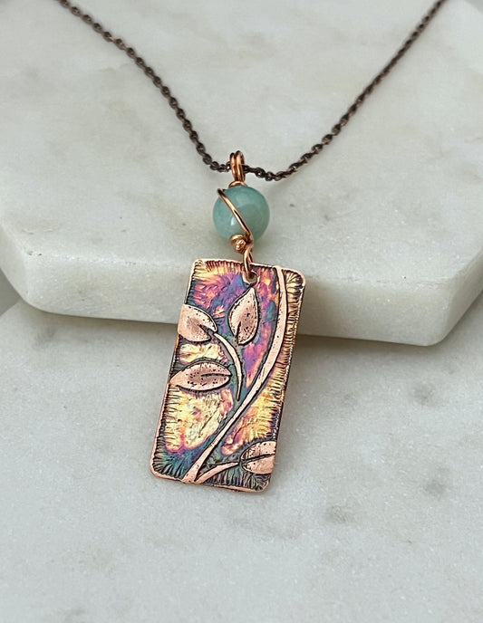 Acid etched copper leaf necklace with amazonite gemstone