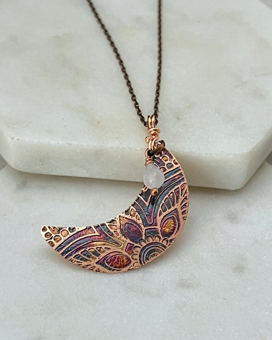 Acid etched copper crescent necklace with moonstone gemstone