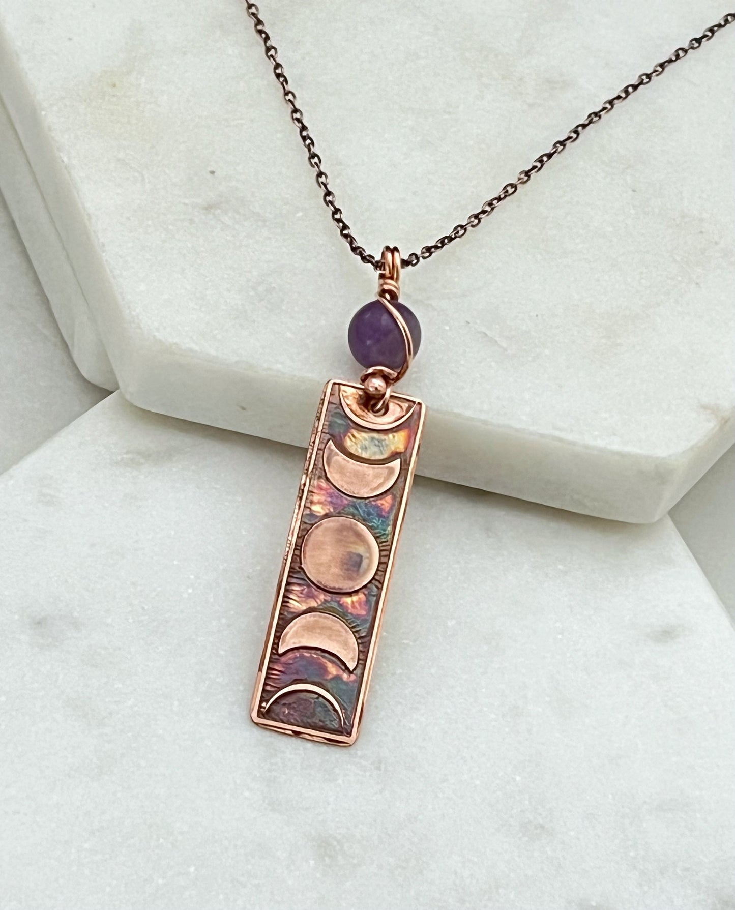Moon phase acid etched copper necklace with amethyst gemstone