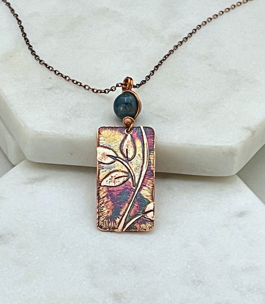 Acid etched copper leaf necklace with apatite gemstone