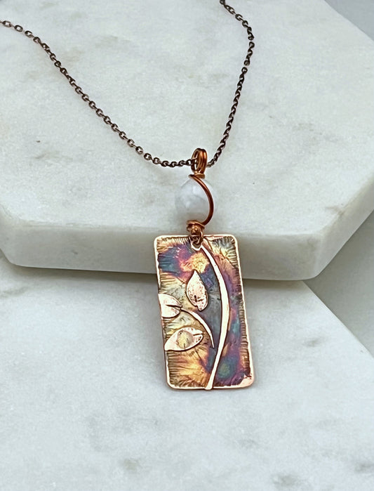 Acid etched copper leaf necklace with moonstone gemstone