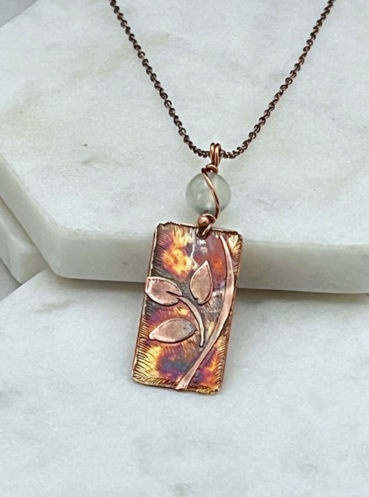 Acid etched copper leaf necklace with prehnite gemstone
