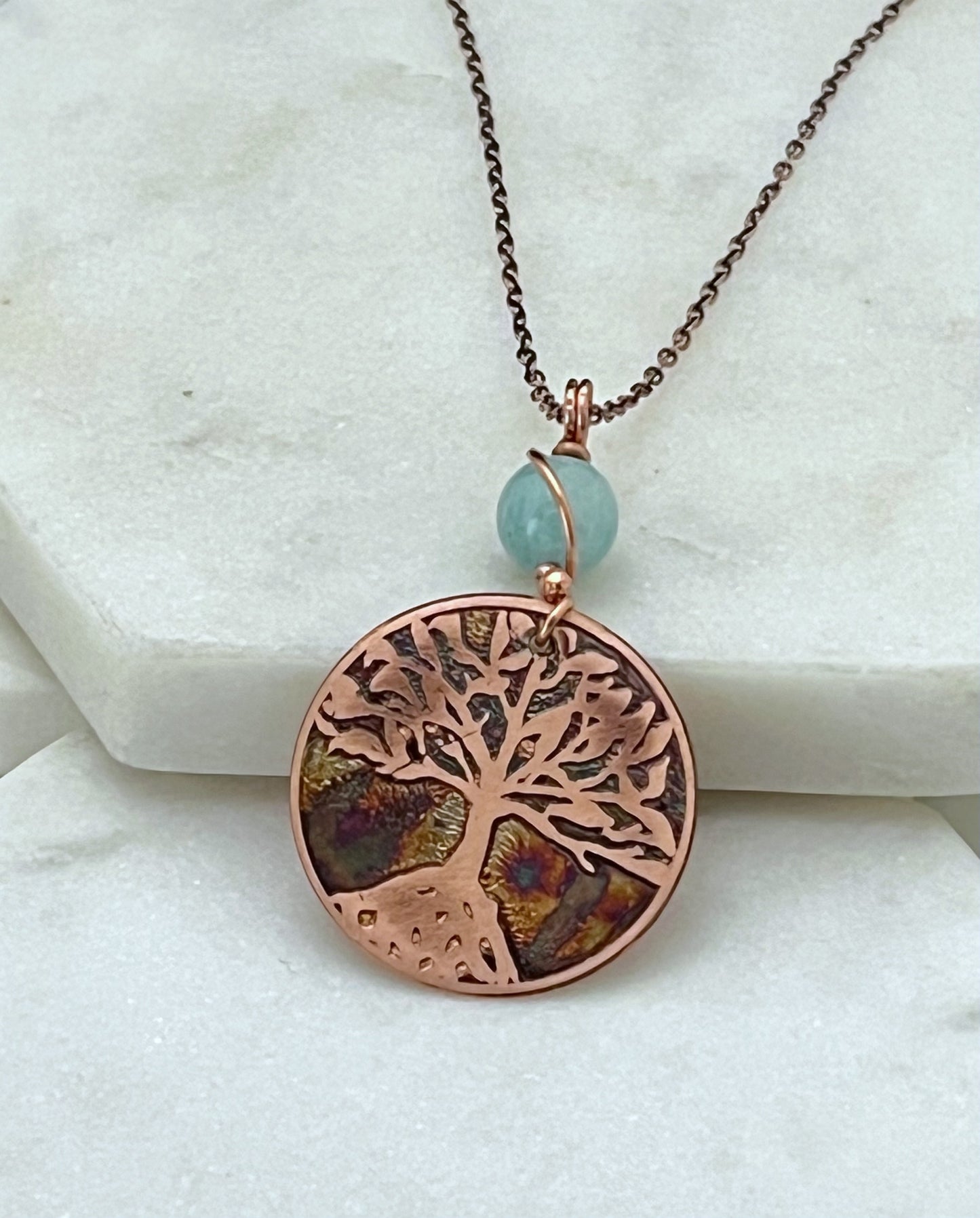 Acid etched copper tree necklace with amazonite gemstone
