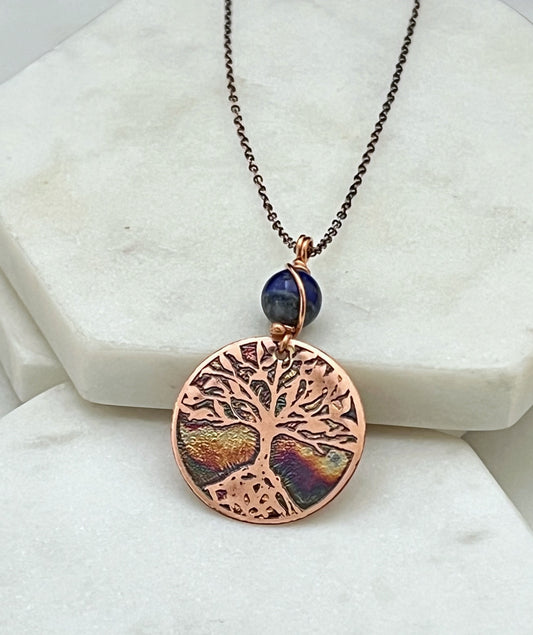 Acid etched copper tree necklace with lapis gemstone