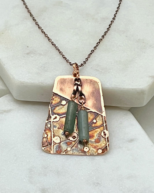 Acid etched copper necklace with aventurine gemstone