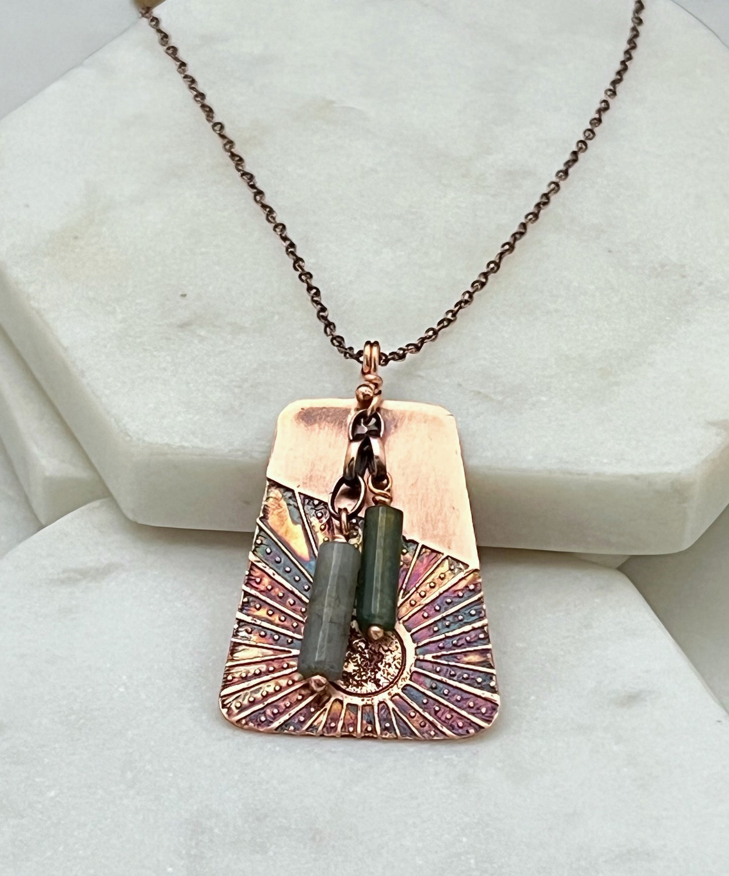 Acid etched copper necklace with moss agate gemstone